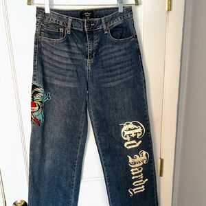 Ed Hardy Jeans Mens 28 Medium Vintage Tattoo Embroidered Wide Leg Denim
